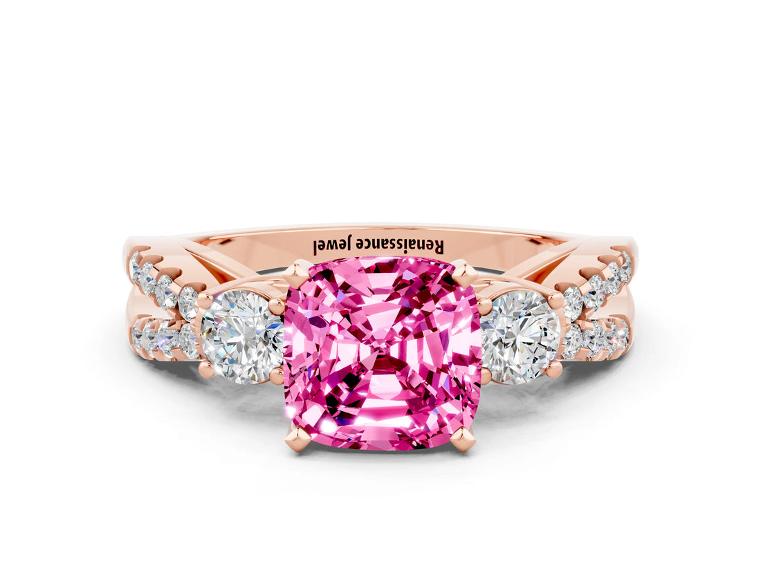 Rose gold Cushion Cut Pink Sapphire Three-Stone Ring with Pavé Split Shank and Four-Prong Setting_36