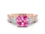 Rose gold Cushion Cut Pink Sapphire Three-Stone Ring with Pavé Split Shank and Four-Prong Setting_36