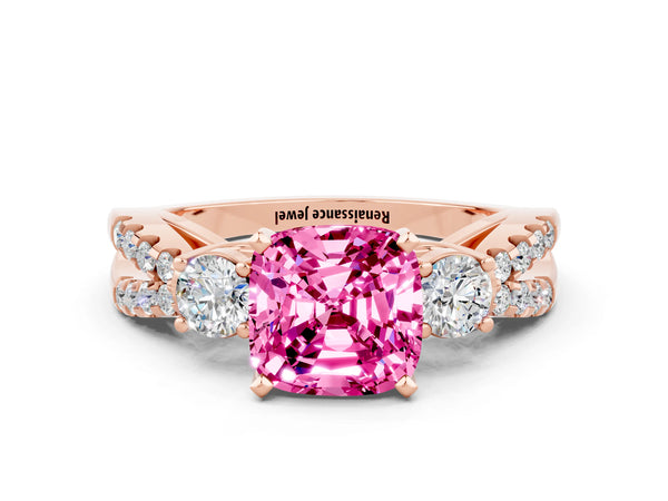 Rose gold Cushion Cut Pink Sapphire Three-Stone Ring with Pavé Split Shank and Four-Prong Setting