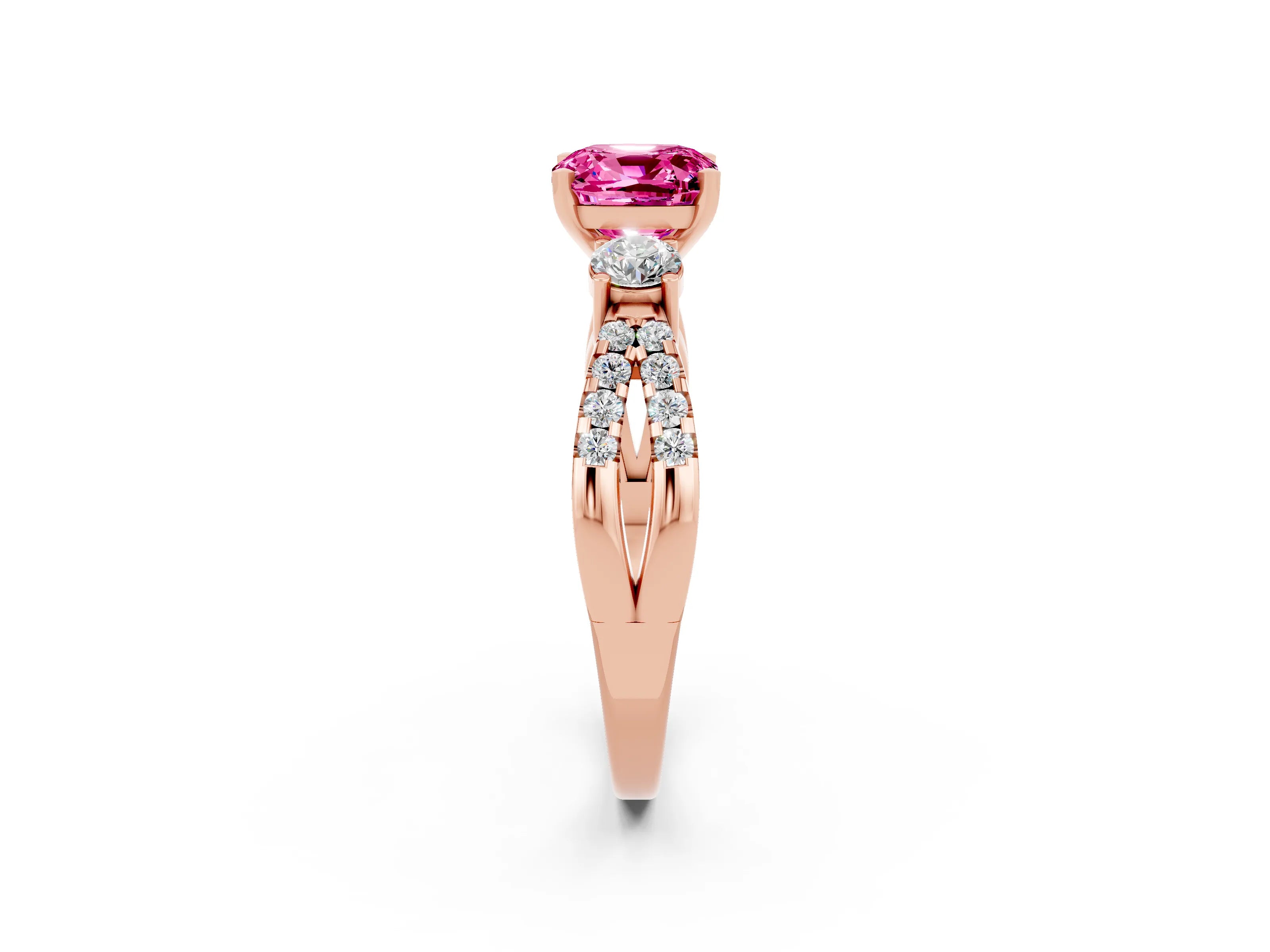 Rose gold Cushion Cut Pink Sapphire Three-Stone Ring with Pavé Split Shank and Four-Prong Setting_38