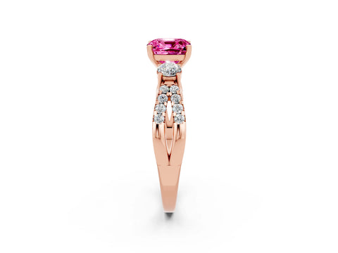 Rose gold Cushion Cut Pink Sapphire Three-Stone Ring with Pavé Split Shank and Four-Prong Setting_38