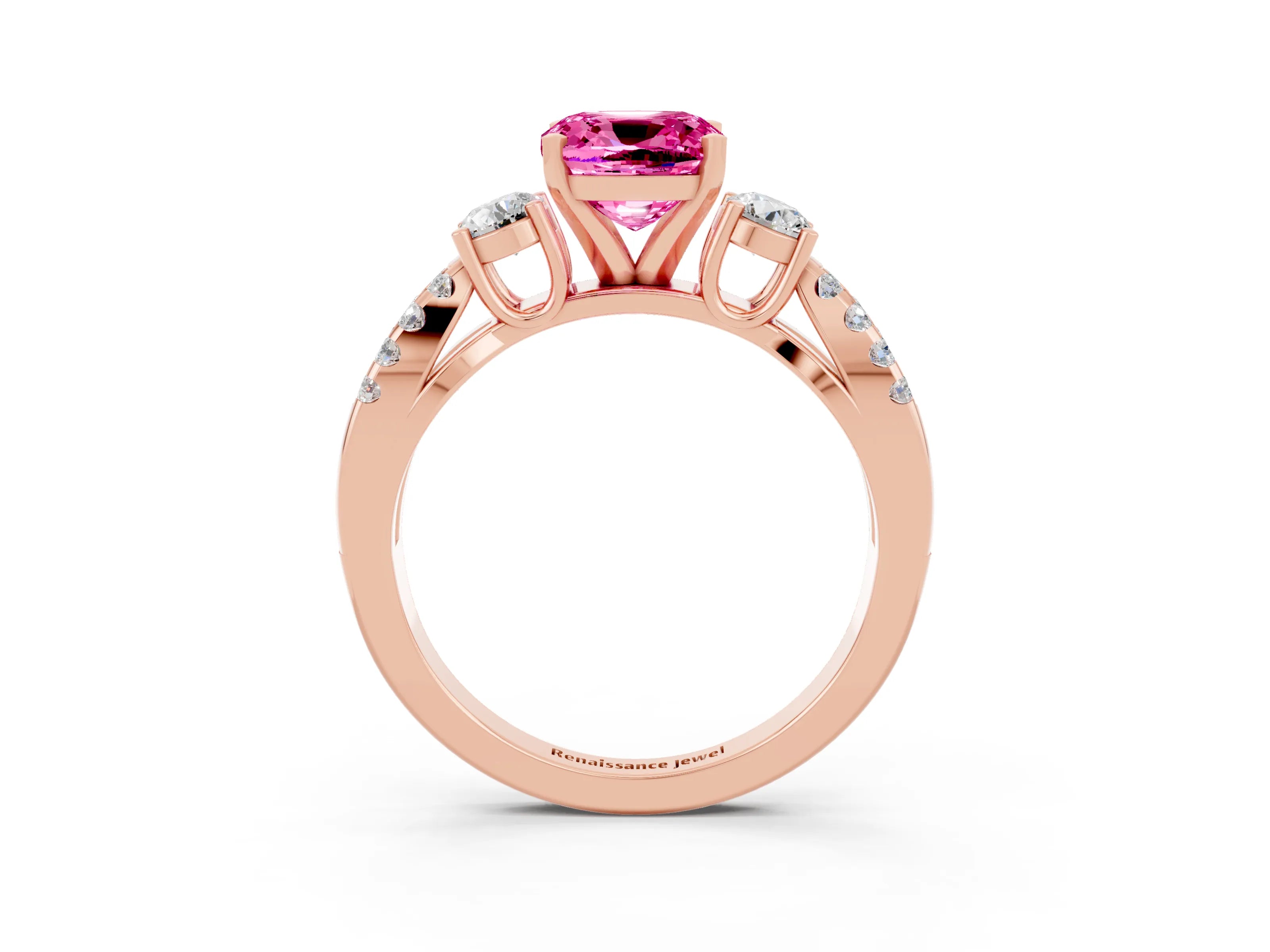 Rose gold Cushion Cut Pink Sapphire Three-Stone Ring with Pavé Split Shank and Four-Prong Setting_39