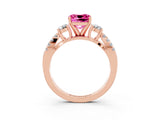 Rose gold Cushion Cut Pink Sapphire Three-Stone Ring with Pavé Split Shank and Four-Prong Setting_39