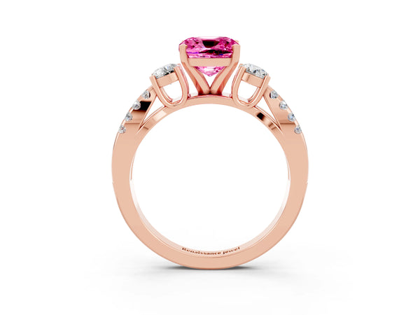 Rose gold Cushion Cut Pink Sapphire Three-Stone Ring with Pavé Split Shank and Four-Prong Setting