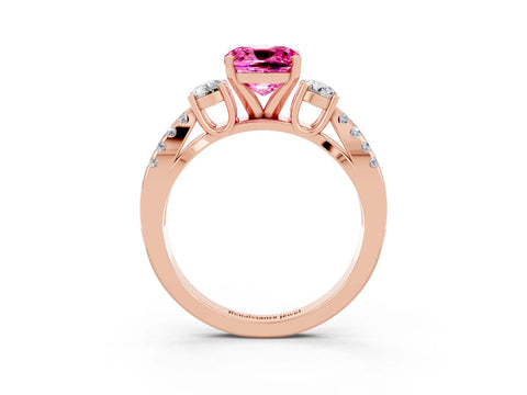 Rose gold Cushion Cut Pink Sapphire Three-Stone Ring with Pavé Split Shank and Four-Prong Setting_39