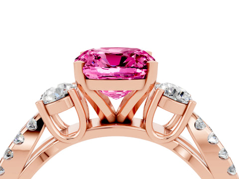 Rose gold Cushion Cut Pink Sapphire Three-Stone Ring with Pavé Split Shank and Four-Prong Setting_40