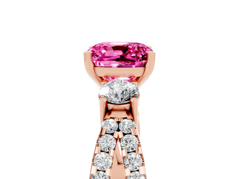 Rose gold Cushion Cut Pink Sapphire Three-Stone Ring with Pavé Split Shank and Four-Prong Setting_41