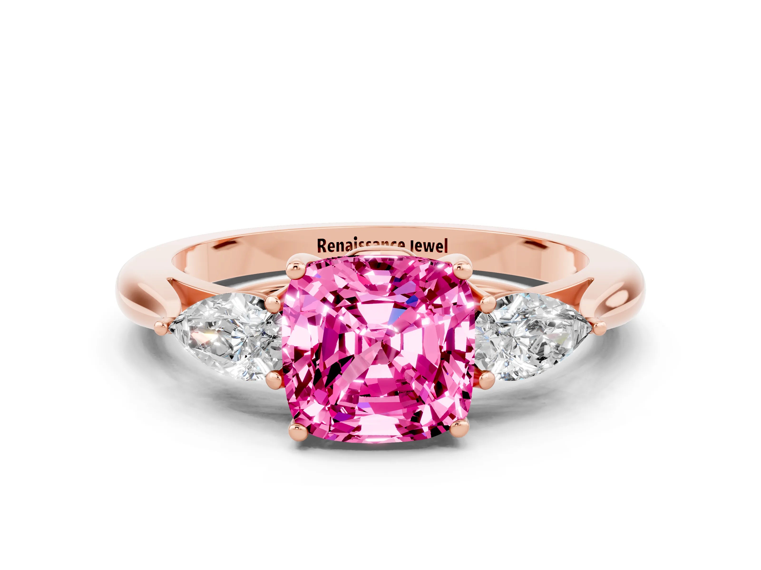Rose gold Cushion Cut Pink Sapphire Three-Stone Ring with Pear Side Stones and Four-Prong Setting_12