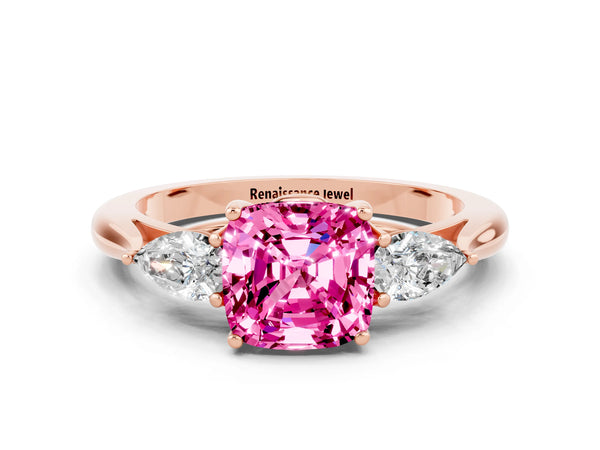 Rose gold Cushion Cut Pink Sapphire Three-Stone Ring with Pear  Side Stones and Prong Setting
