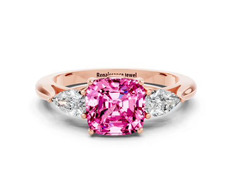 Rose gold Cushion Cut Pink Sapphire Three-Stone Ring with Pear Side Stones and Four-Prong Setting_12