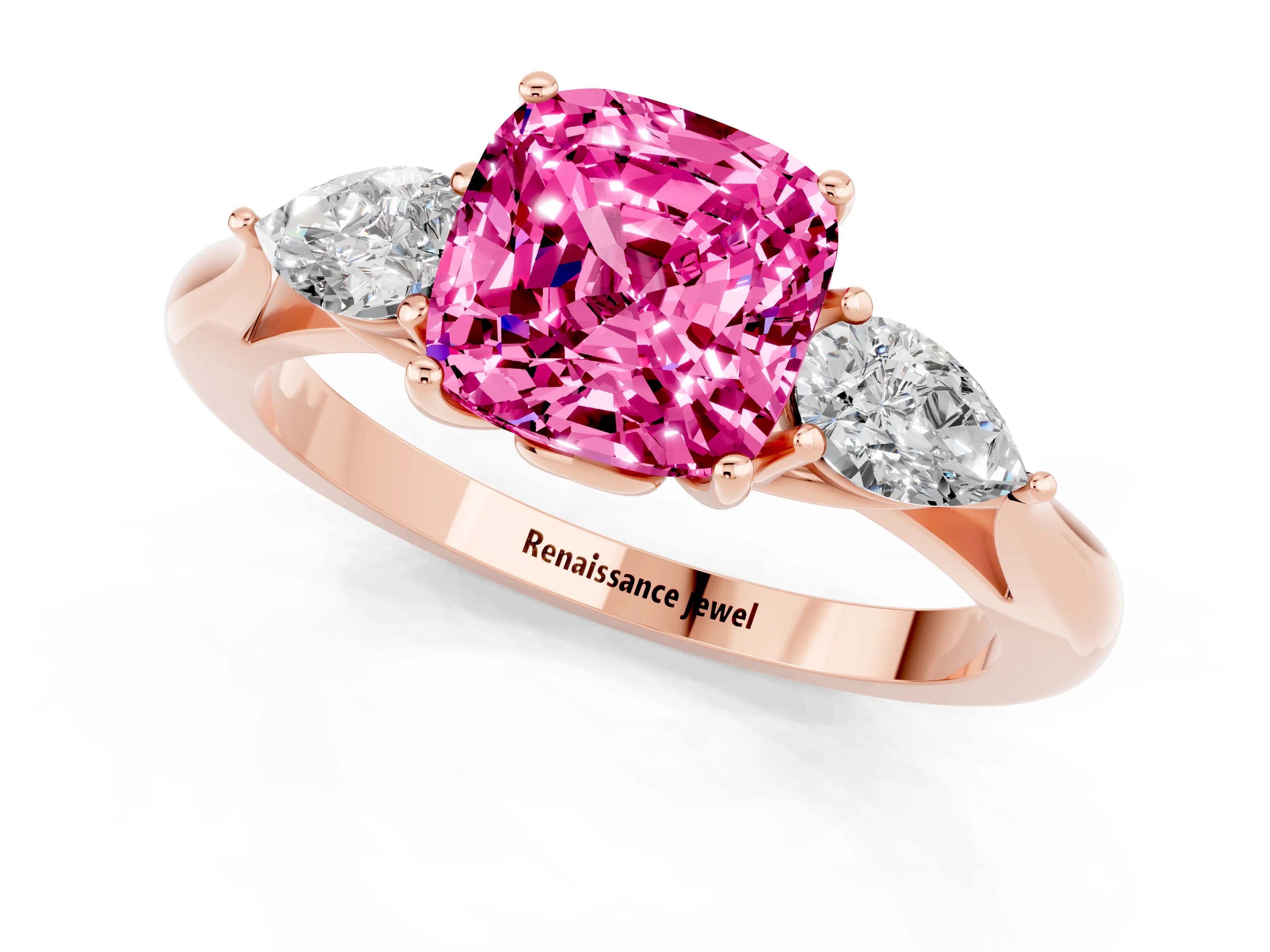 Rose gold Cushion Cut Pink Sapphire Three-Stone Ring with Pear Side Stones and Four-Prong Setting_13