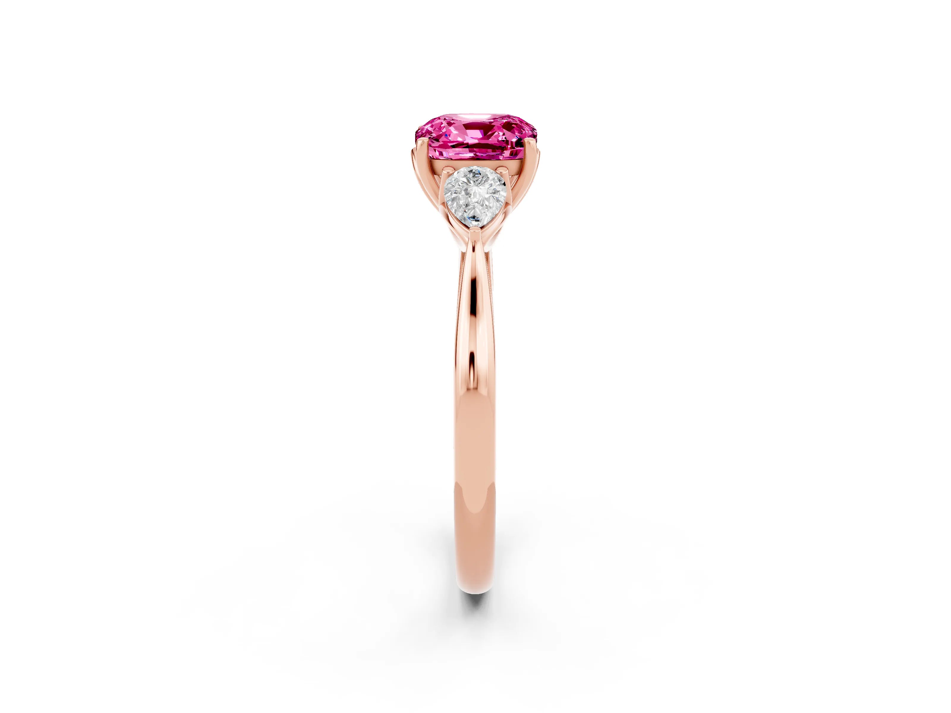 Rose gold Cushion Cut Pink Sapphire Three-Stone Ring with Pear Side Stones and Four-Prong Setting_14