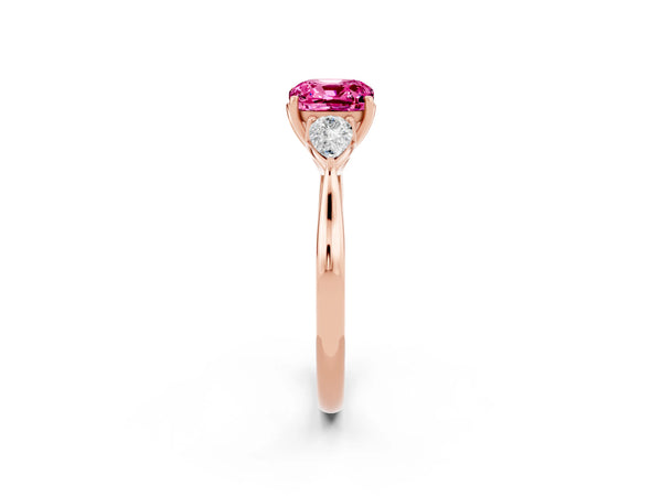 Rose gold Cushion Cut Pink Sapphire Three-Stone Ring with Pear  Side Stones and Prong Setting