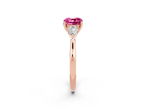 Rose gold Cushion Cut Pink Sapphire Three-Stone Ring with Pear Side Stones and Four-Prong Setting_14