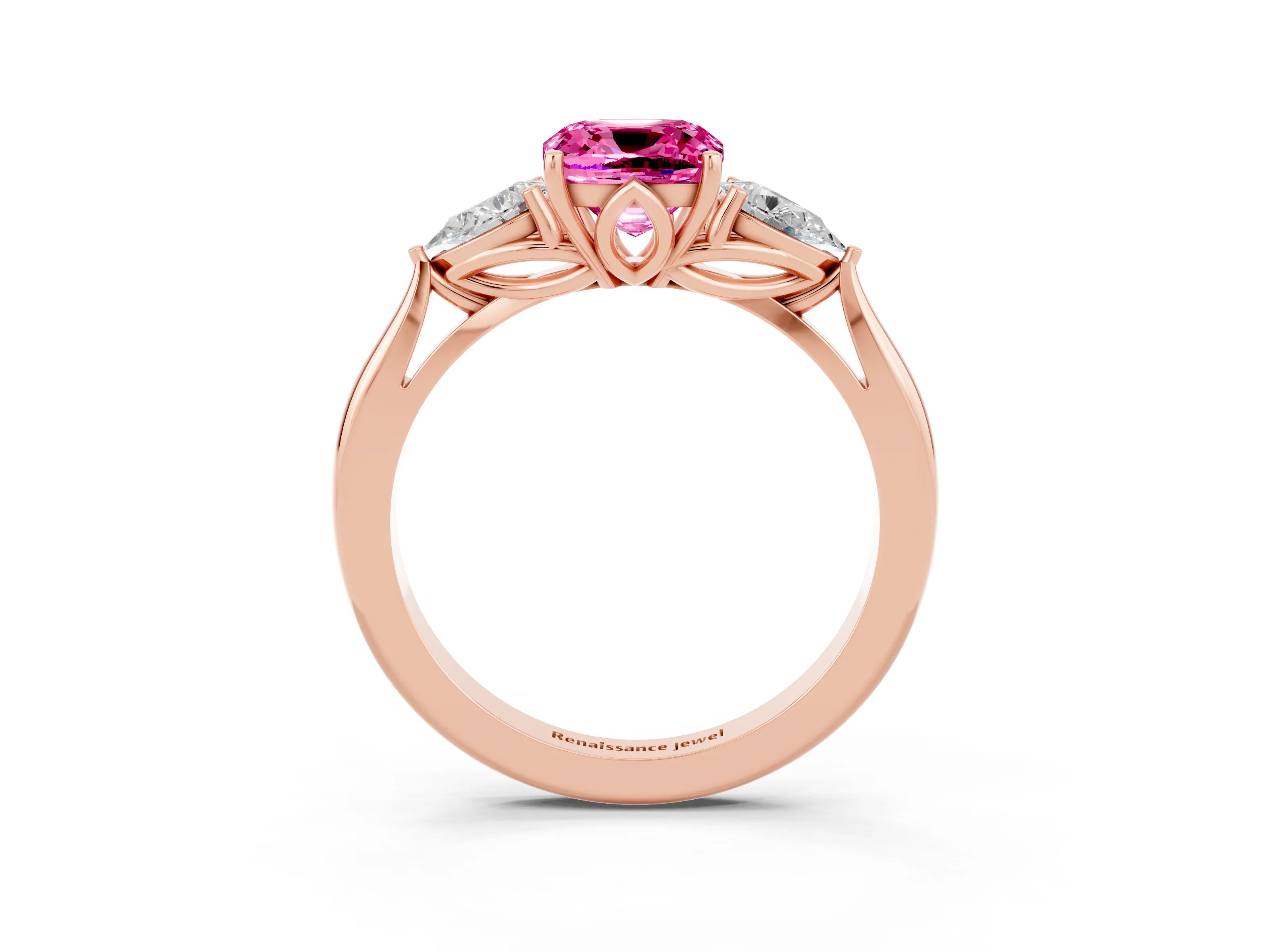 Rose gold Cushion Cut Pink Sapphire Three-Stone Ring with Pear Side Stones and Four-Prong Setting_15
