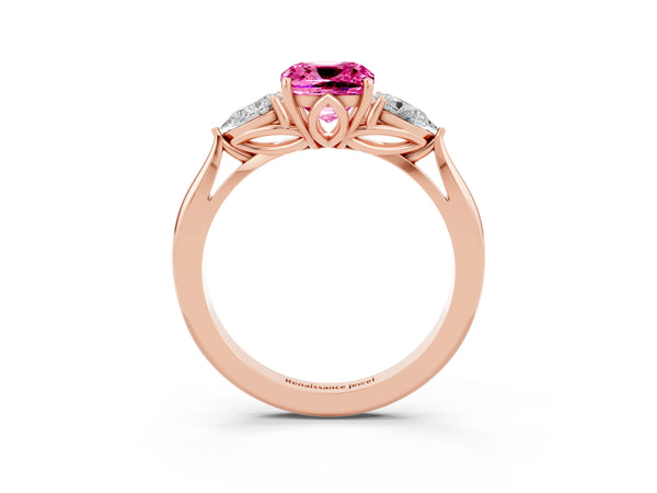 Rose gold Cushion Cut Pink Sapphire Three-Stone Ring with Pear  Side Stones and Prong Setting