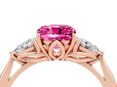 Rose gold Cushion Cut Pink Sapphire Three-Stone Ring with Pear Side Stones and Four-Prong Setting_16