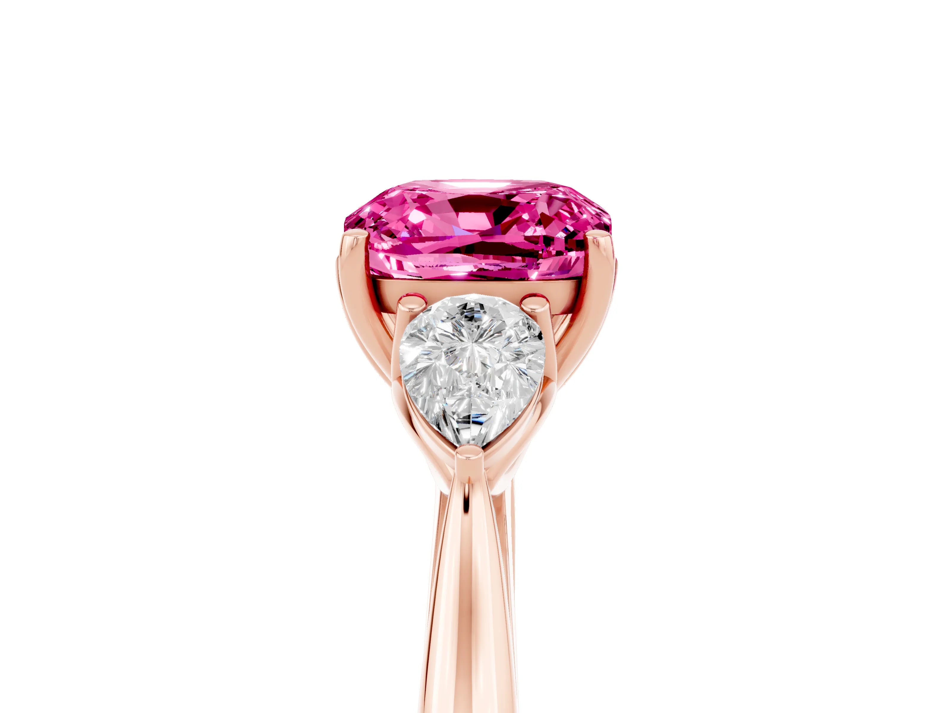 Rose gold Cushion Cut Pink Sapphire Three-Stone Ring with Pear Side Stones and Four-Prong Setting_17