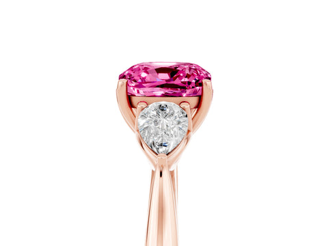 Rose gold Cushion Cut Pink Sapphire Three-Stone Ring with Pear Side Stones and Four-Prong Setting_17