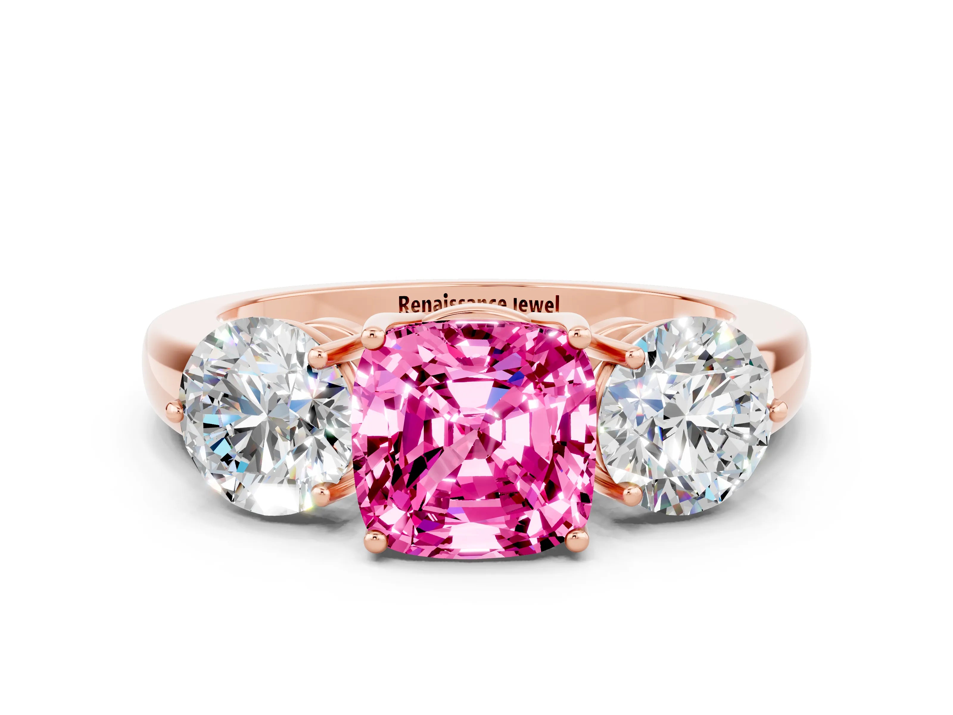 Rose gold Cushion Cut Pink Sapphire Three-Stone Ring with Prong Setting and Classic Band