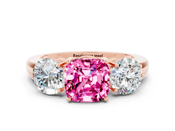 Rose gold Cushion Cut Pink Sapphire Three-Stone Ring with Prong Setting and Classic Band