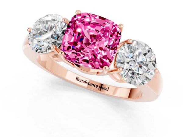 Rose gold Cushion Cut Pink Sapphire Three-Stone Ring with Prong Setting and Classic Band