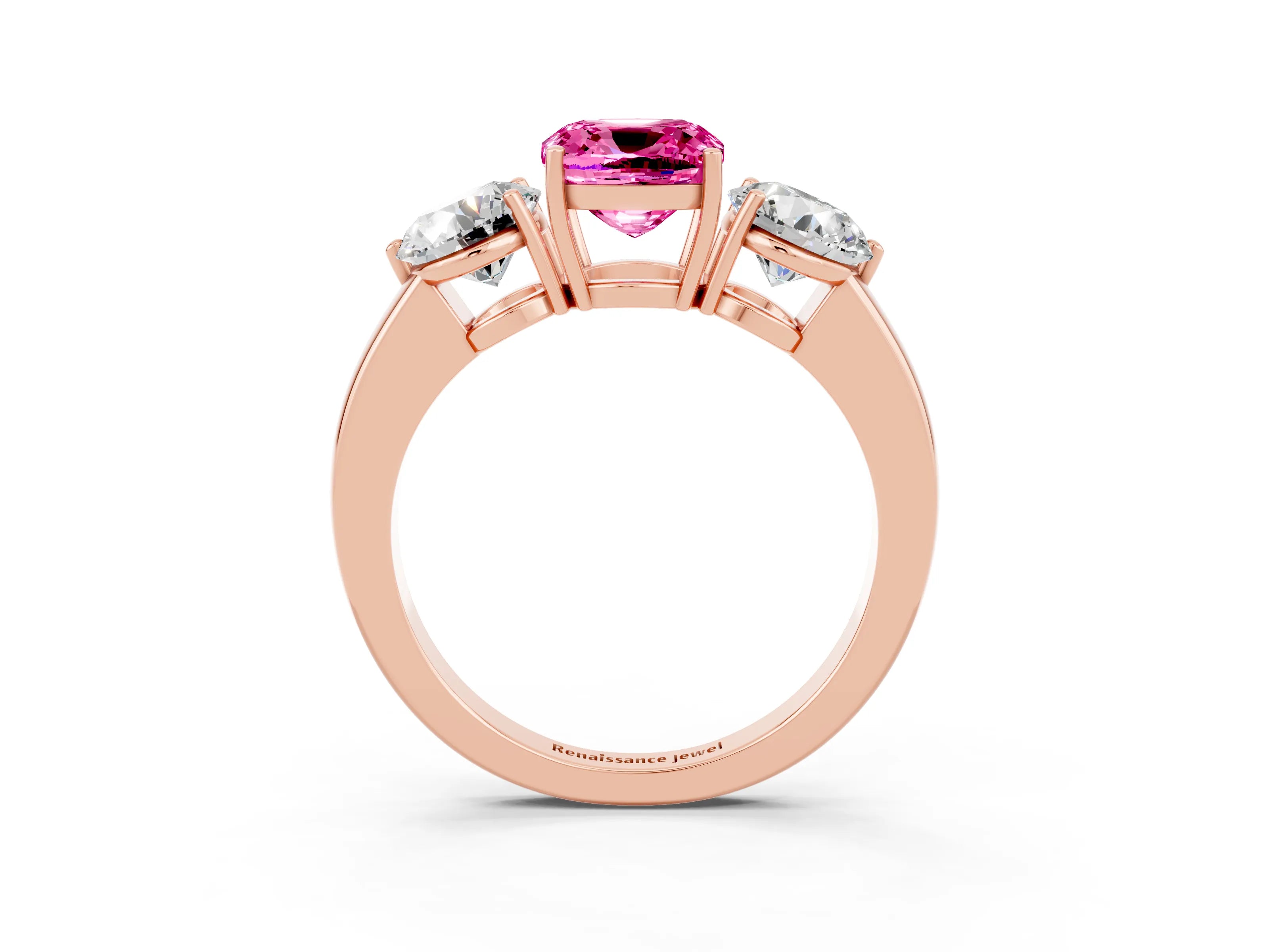 Rose gold Cushion Cut Pink Sapphire Three-Stone Ring with Prong Setting and Classic Band_3
