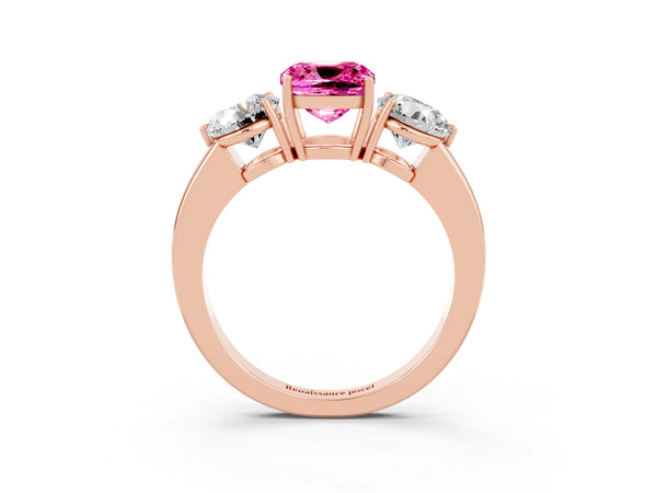 Rose gold Cushion Cut Pink Sapphire Three-Stone Ring with Prong Setting and Classic Band
