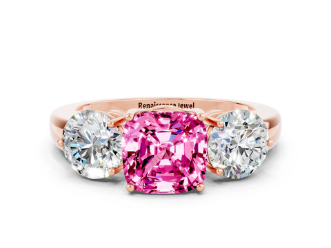 Rose gold Cushion Cut Pink Sapphire Three-Stone Ring with Prong Setting and Classic Band