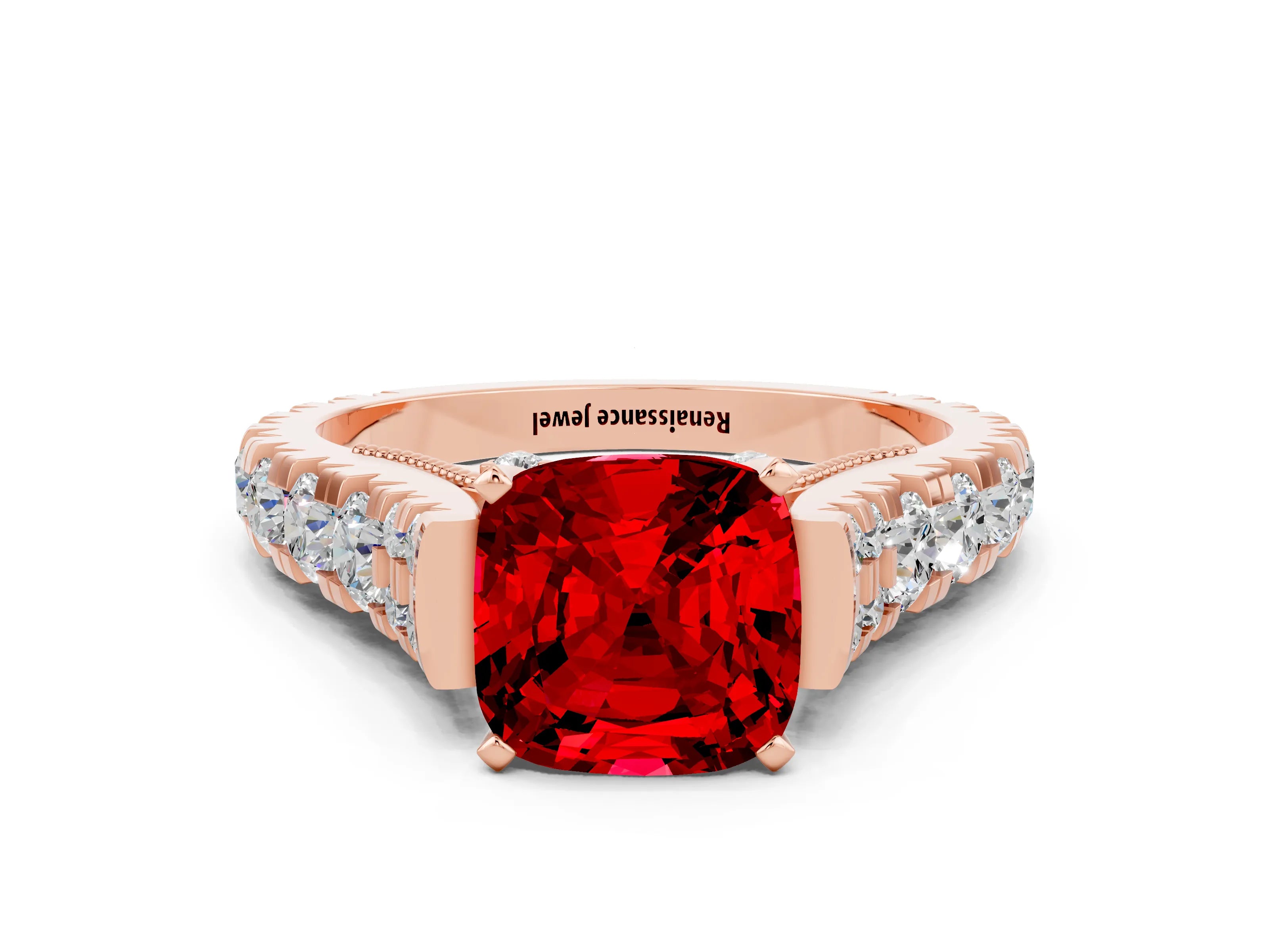 Rose gold Cushion Cut Ruby Classic Solitaire Ring with Pavé Band and Four-Prong Setting