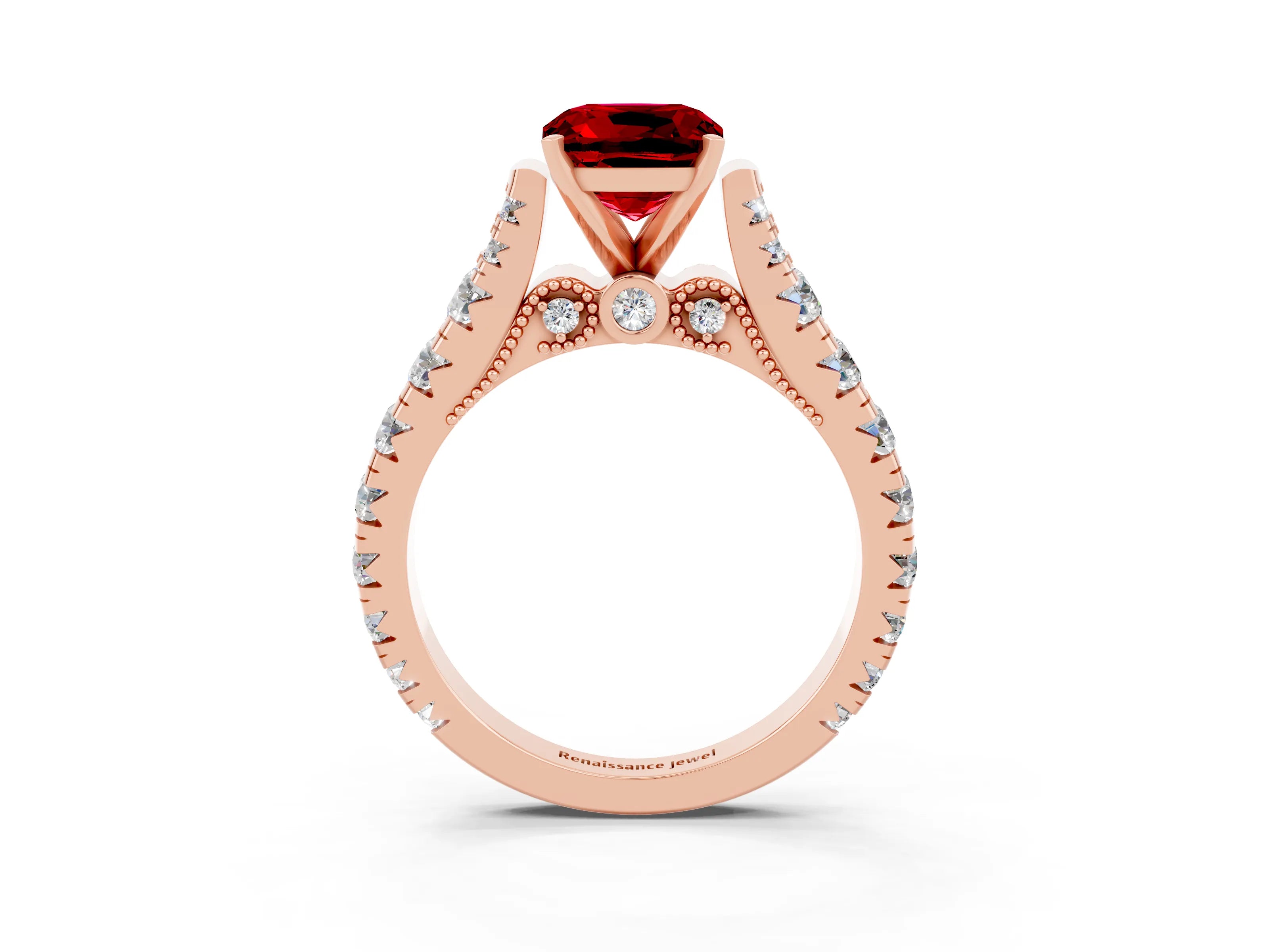 Rose gold Cushion Cut Ruby Classic Solitaire Ring with Pavé Band and Four-Prong Setting_3