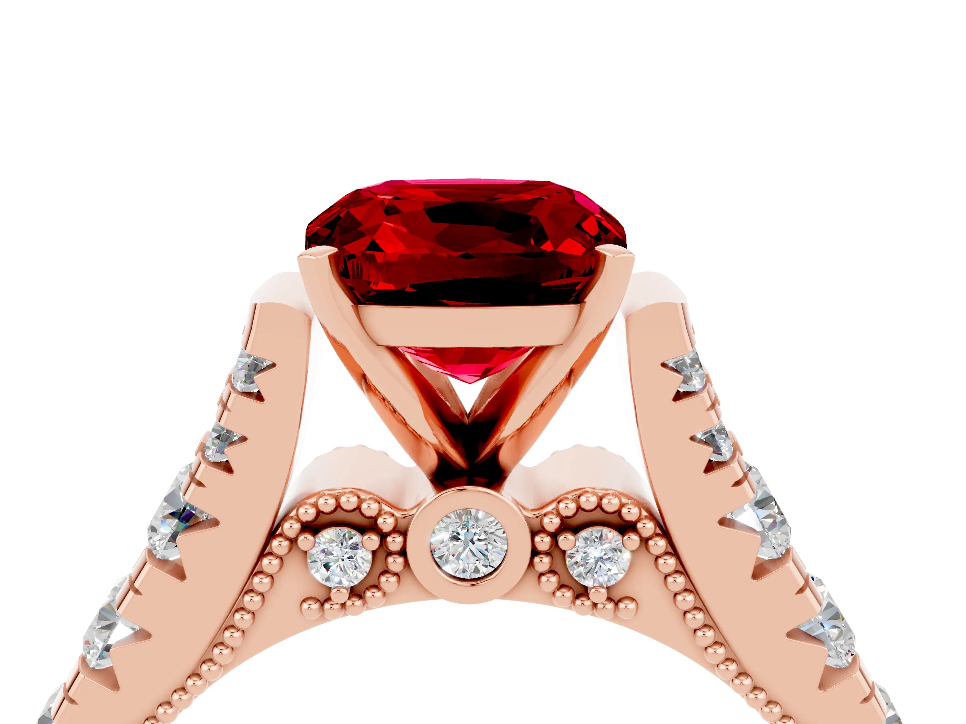 Rose gold Cushion Cut Ruby Classic Solitaire Ring with Pavé Band and Four-Prong Setting_4