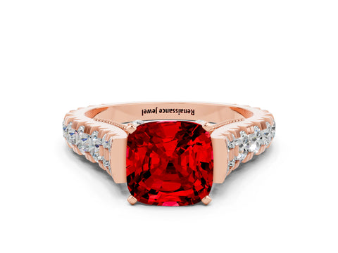 Rose gold Cushion Cut Ruby Classic Solitaire Ring with Pavé Band and Four-Prong Setting