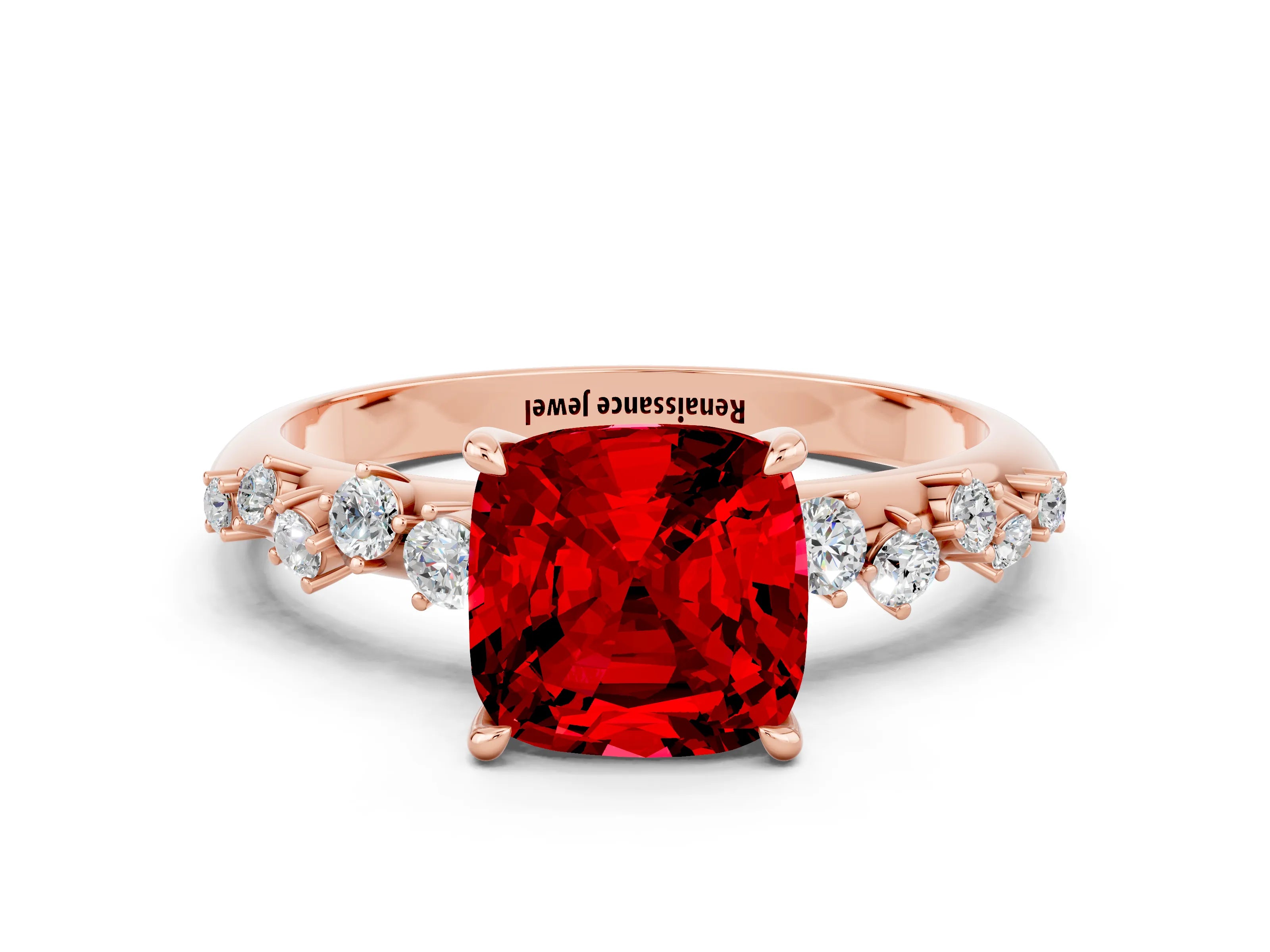 Rose gold Cushion Cut Ruby Cluster Side Stone Solitaire Ring with Prong Setting_24