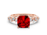 Rose gold Cushion Cut Ruby Cluster Side Stone Solitaire Ring with Prong Setting_24