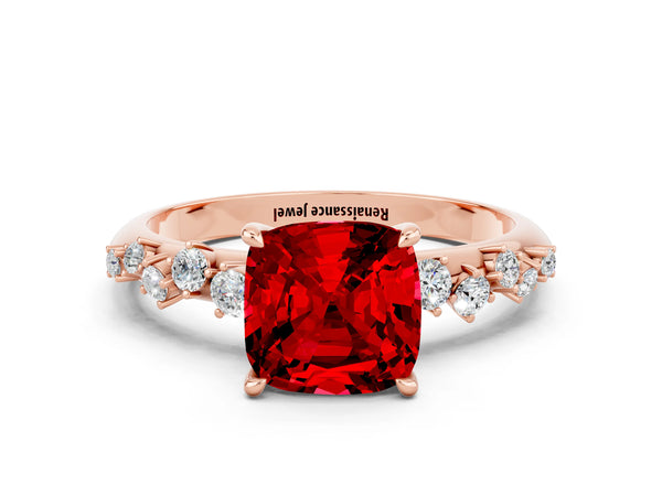 Rose gold Cushion Cut Ruby Cluster Side Stone Solitaire Ring with Prong Setting