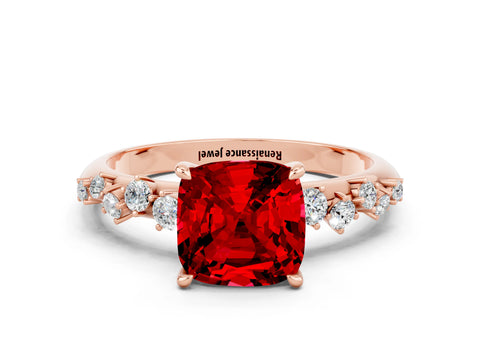 Rose gold Cushion Cut Ruby Cluster Side Stone Solitaire Ring with Prong Setting_24