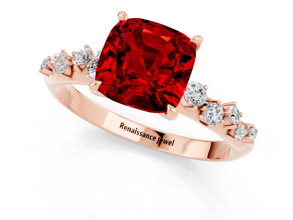 Rose gold Cushion Cut Ruby Cluster Side Stone Solitaire Ring with Prong Setting