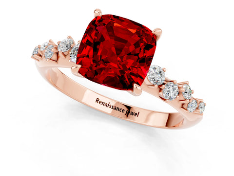 Rose gold Cushion Cut Ruby Cluster Side Stone Solitaire Ring with Prong Setting_25