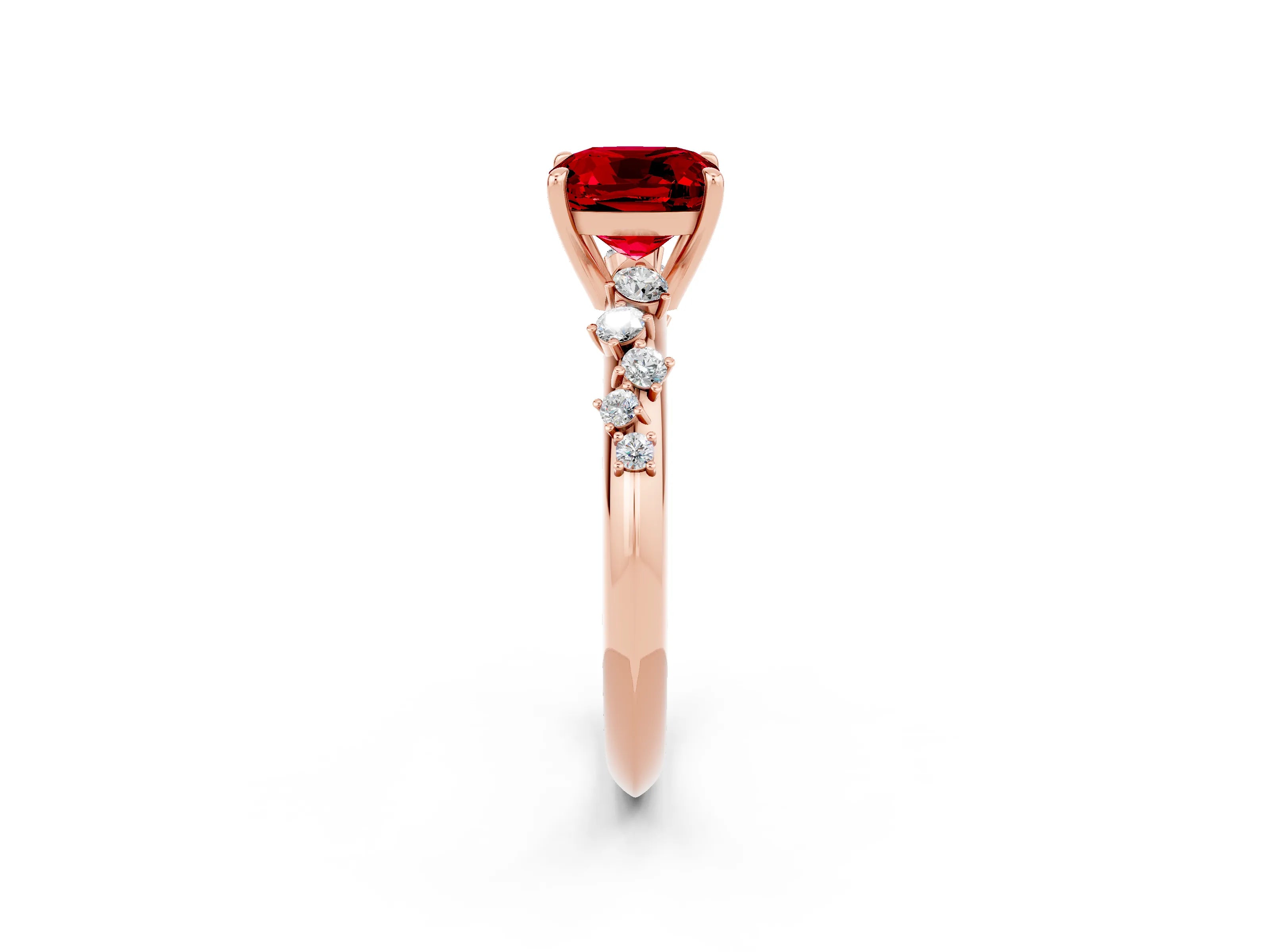 Rose gold Cushion Cut Ruby Cluster Side Stone Solitaire Ring with Prong Setting_26