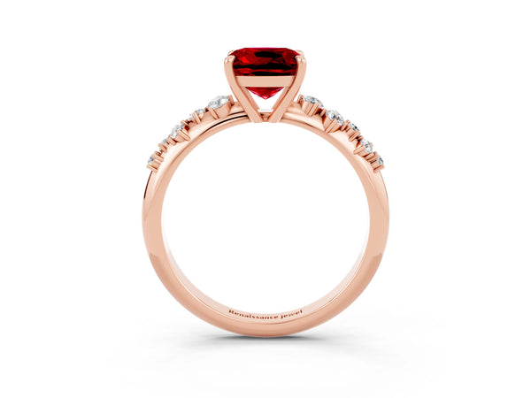 Rose gold Cushion Cut Ruby Cluster Side Stone Solitaire Ring with Prong Setting