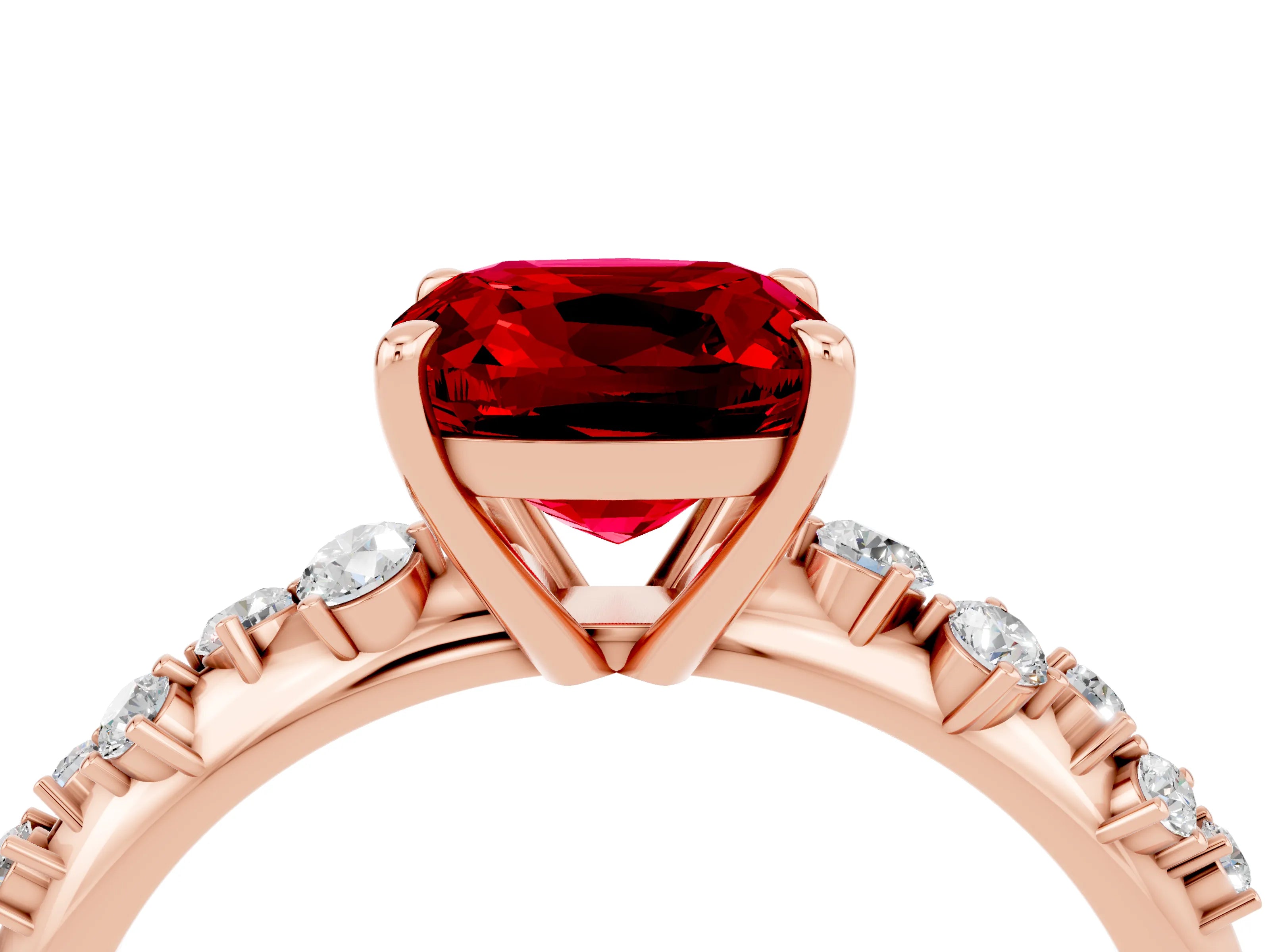 Rose gold Cushion Cut Ruby Cluster Side Stone Solitaire Ring with Prong Setting_28