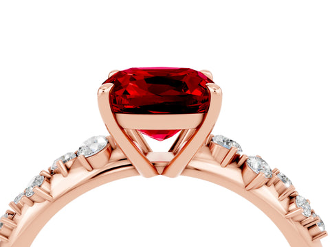 Rose gold Cushion Cut Ruby Cluster Side Stone Solitaire Ring with Prong Setting_28