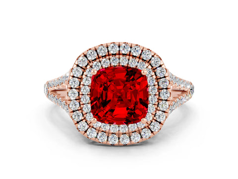 Rose gold Cushion Cut Ruby Double Halo Ring with Pavé Band and Prong Setting_12