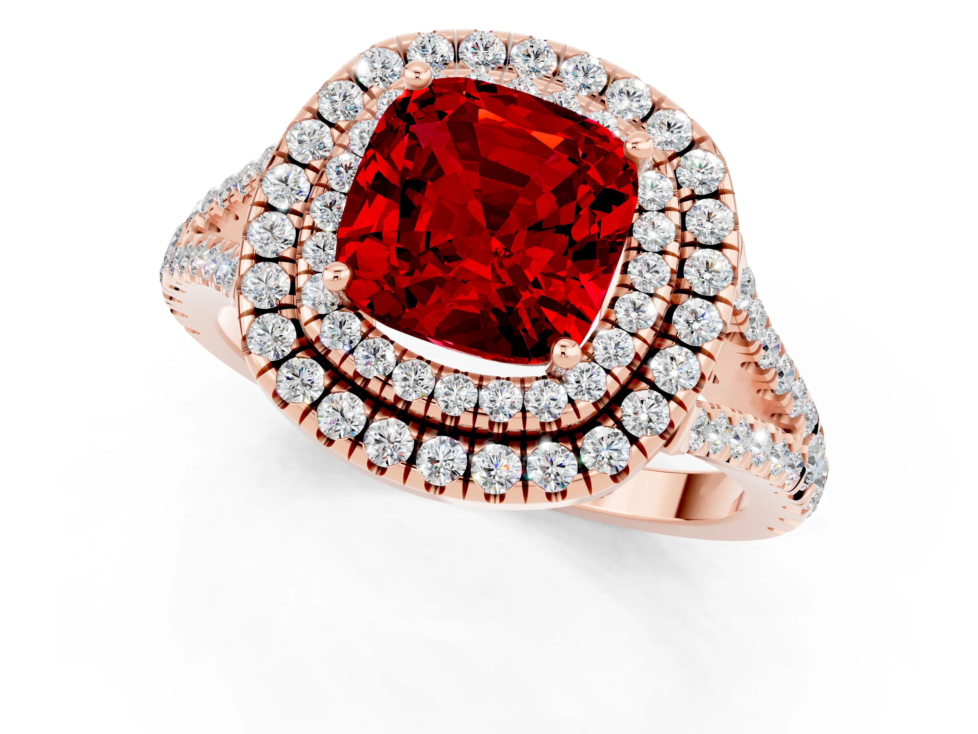 Rose gold Cushion Cut Ruby Double Halo Ring with Pavé Band and Prong Setting_13