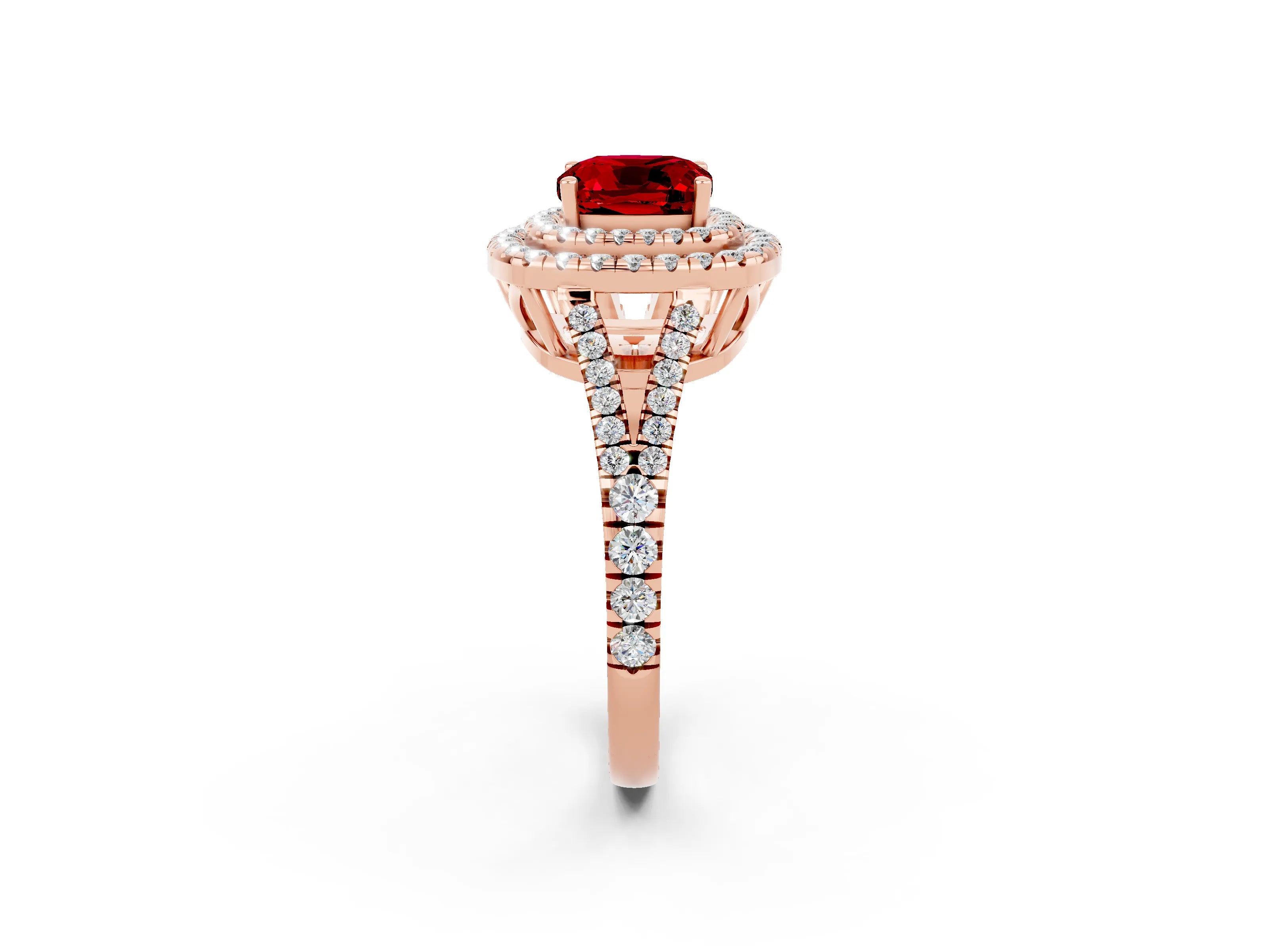 Rose gold Cushion Cut Ruby Double Halo Ring with Pavé Band and Prong Setting_14