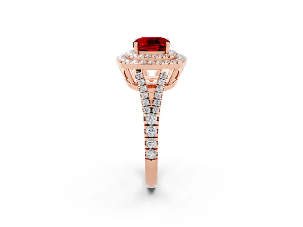 Rose gold Cushion Cut Ruby Double Halo Ring with Pavé Band and Prong Setting