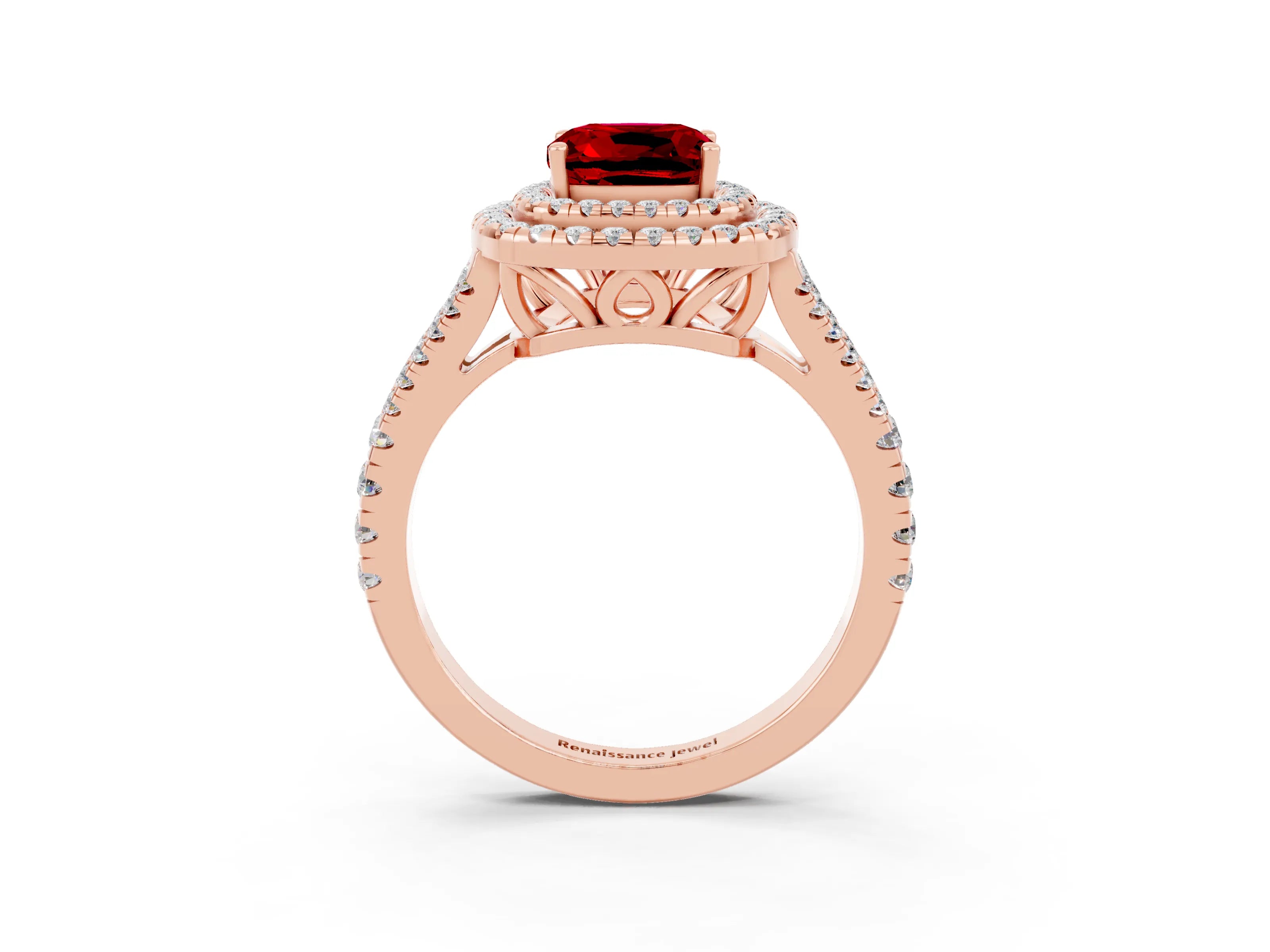 Rose gold Cushion Cut Ruby Double Halo Ring with Pavé Band and Prong Setting_15