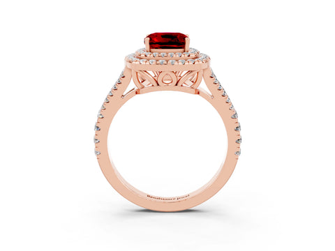 Rose gold Cushion Cut Ruby Double Halo Ring with Pavé Band and Prong Setting_15