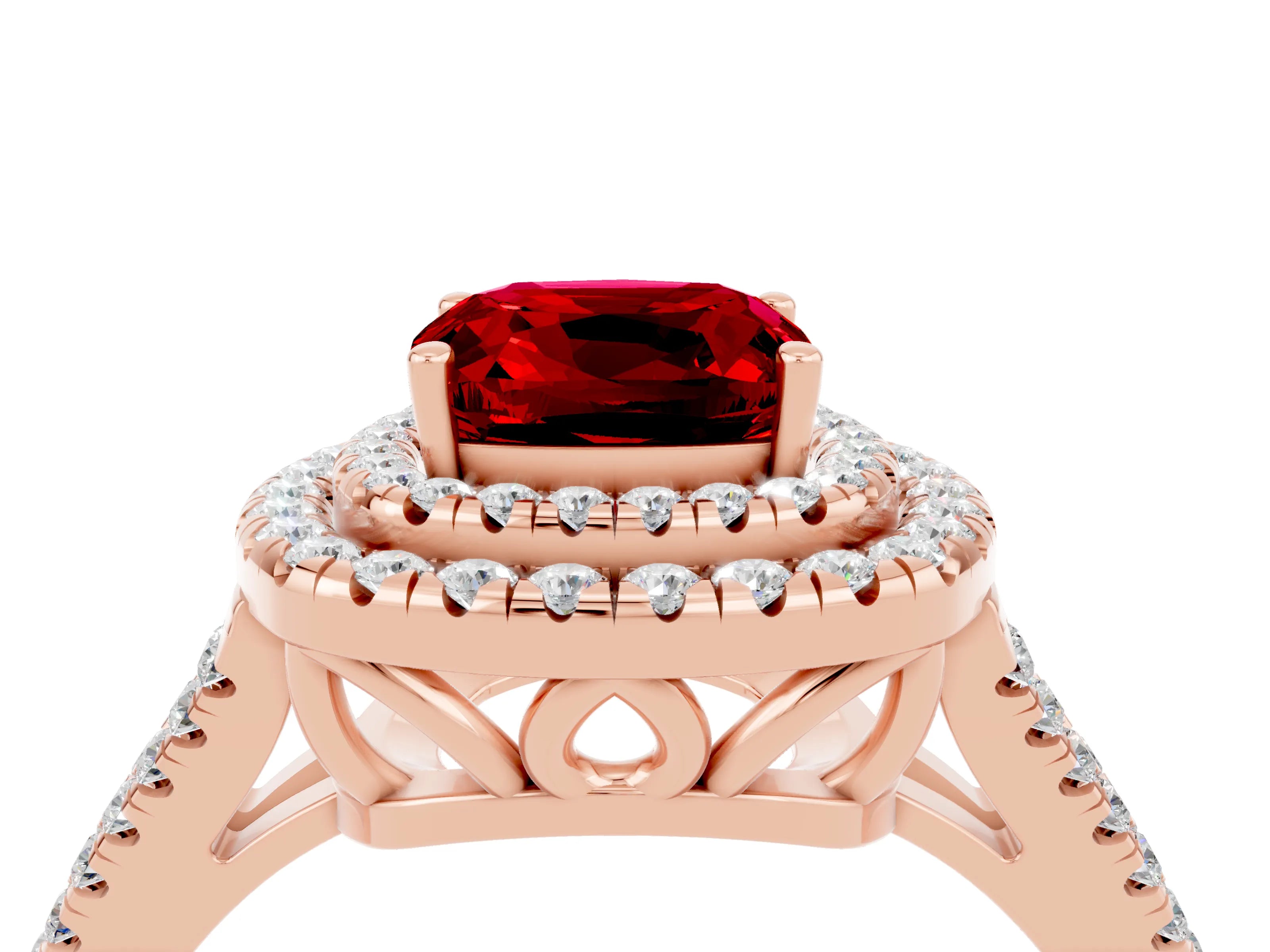 Rose gold Cushion Cut Ruby Double Halo Ring with Pavé Band and Prong Setting_16